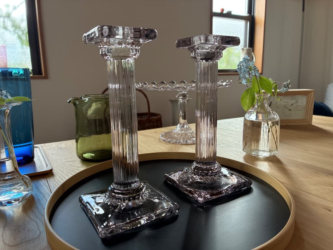 英国アンティーク　ガラス燭台ペア　キャンドルスタンド