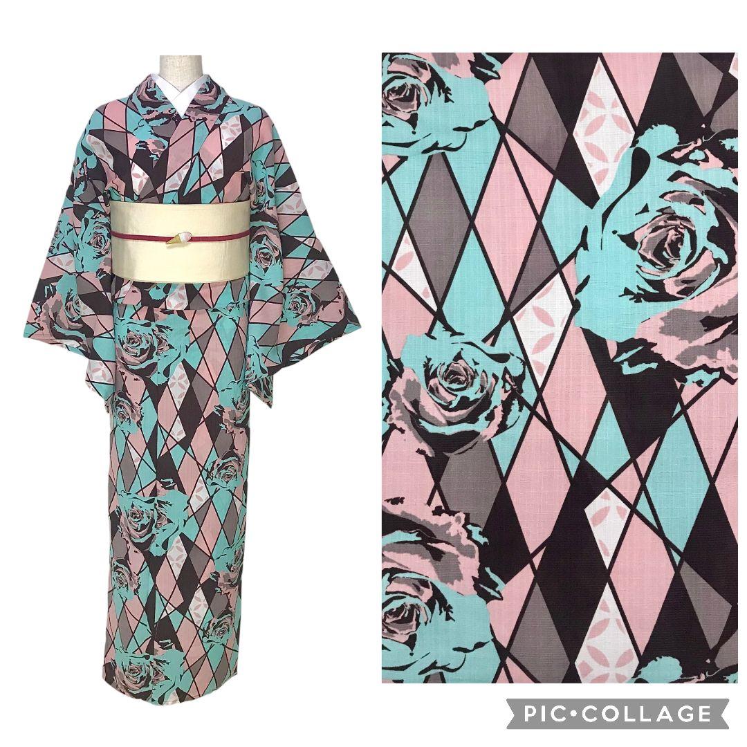 【浴衣】薔薇模様　レトロモダン チョコミント　洋風　単衣　合繊　夏着物　洗える