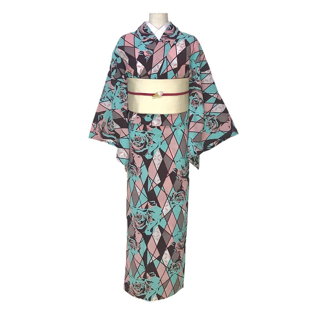 【浴衣】薔薇模様　レトロモダン チョコミント　洋風　単衣　合繊　夏着物　洗える