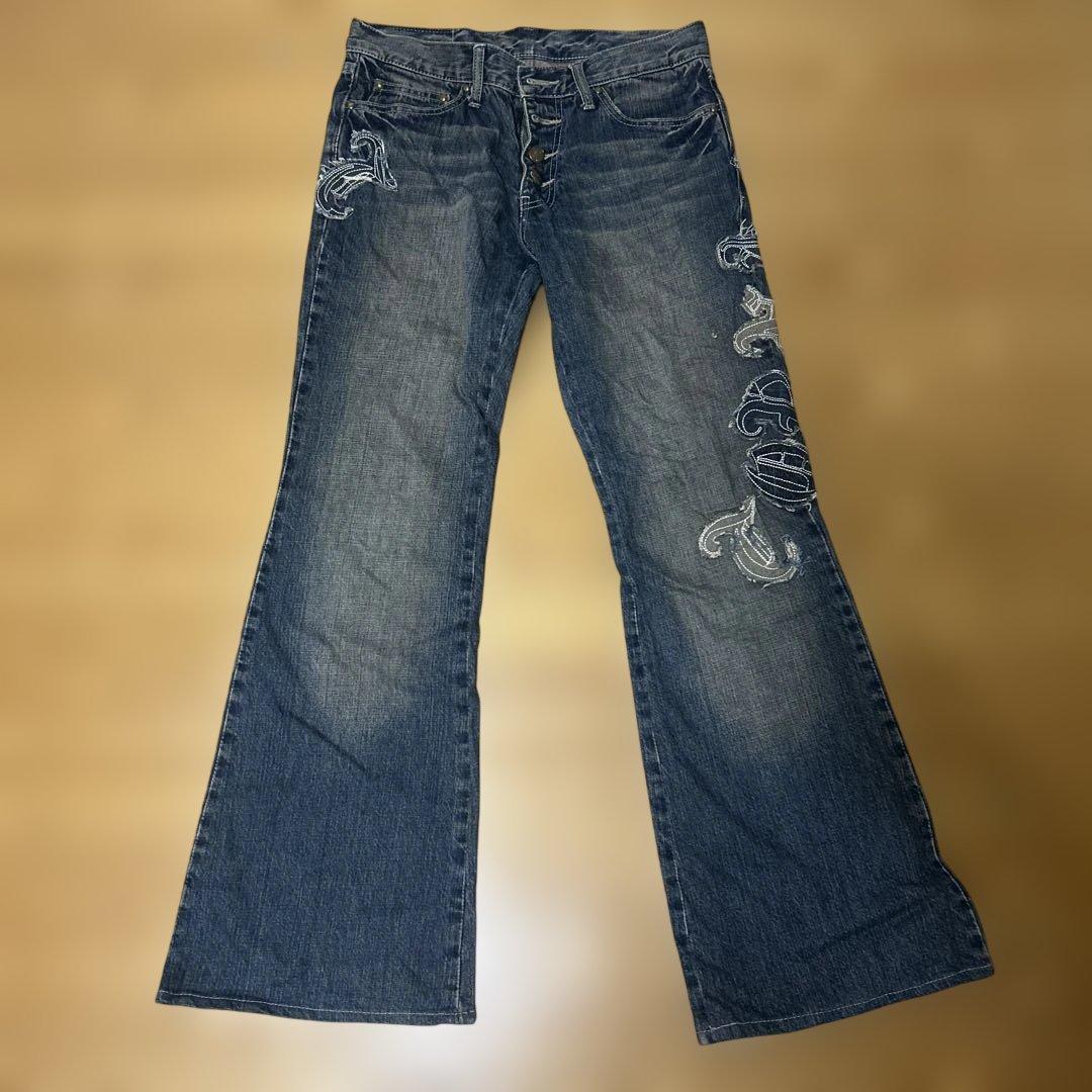 刺繍入りダークブルーブーツカットデニム　ヴィンテージ美品