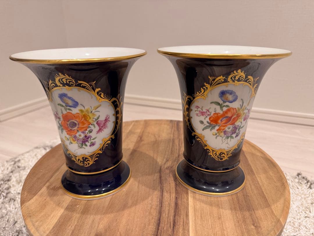 【値下げ】マイセン コバルトブルー 花瓶 ペア 双剣 フラワーブーケ【送料込】