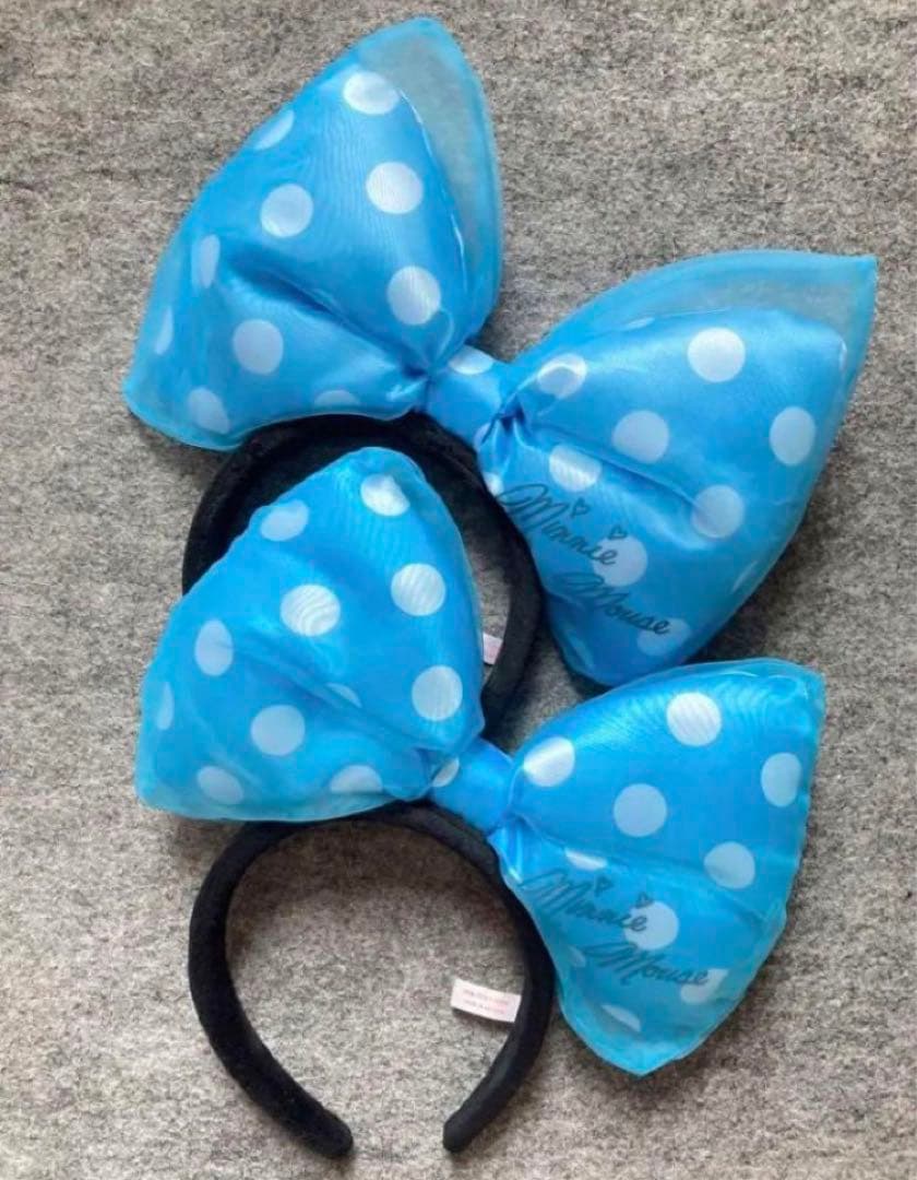 ディズニー　カチューシャ　ミニー　デカリボン　水玉　水色　ブルー　ドット　ビッグ