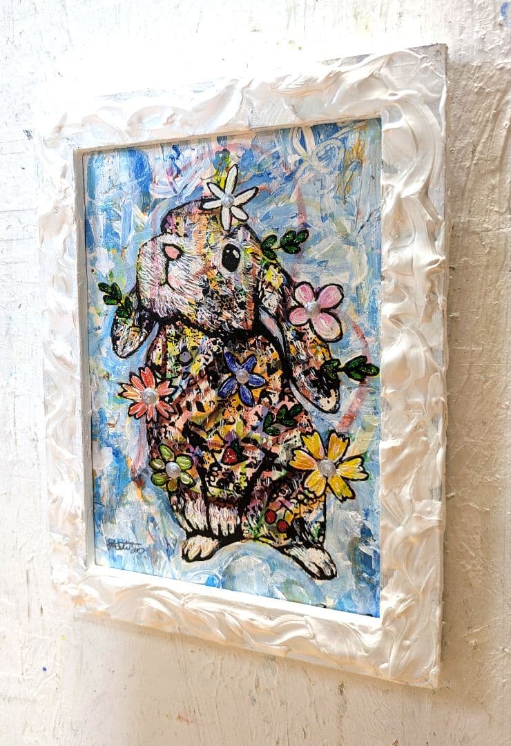 手作り額付き作品　title「静かなる月下の夢ウサギ」