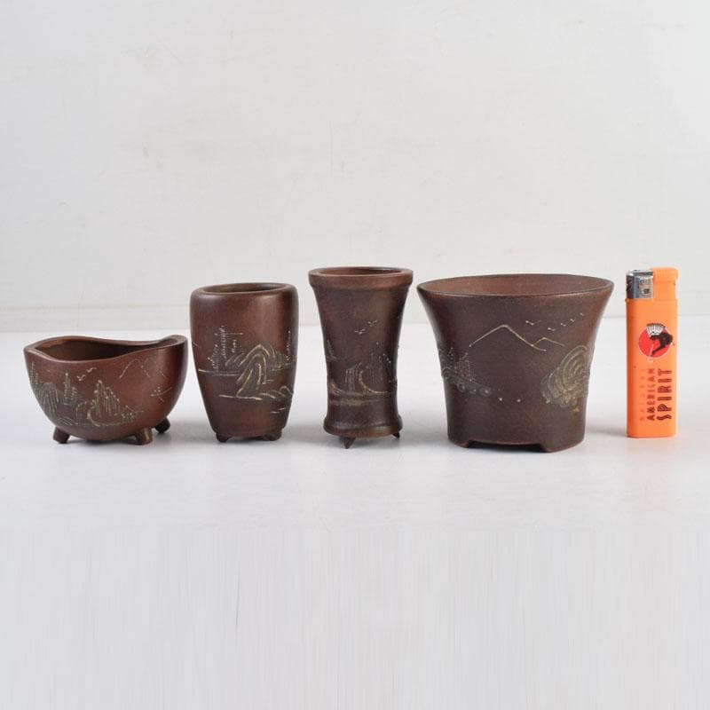中国　鎧画軒　朱泥　漢詩山水文　鉢　4点まとめて　V　8948