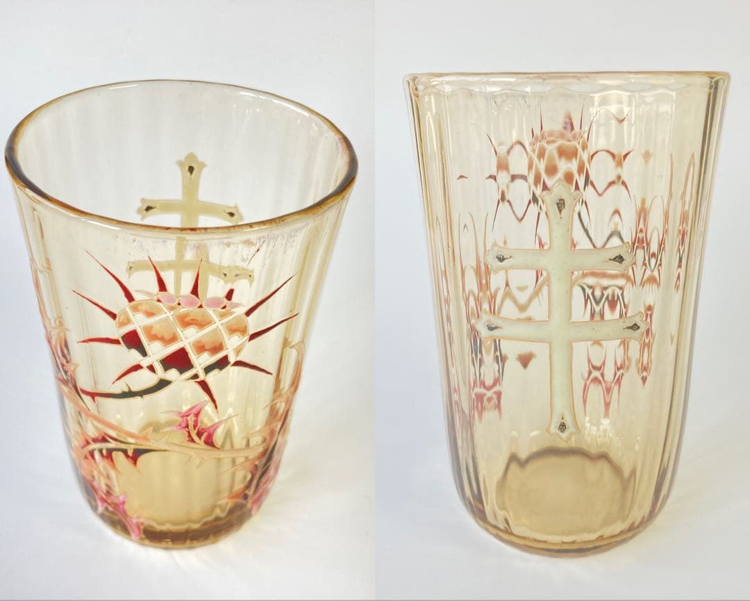 エミール・ガレ　初期　薊とロレーヌ十字文グラス　タンブラー　エナメル彩　アザミ