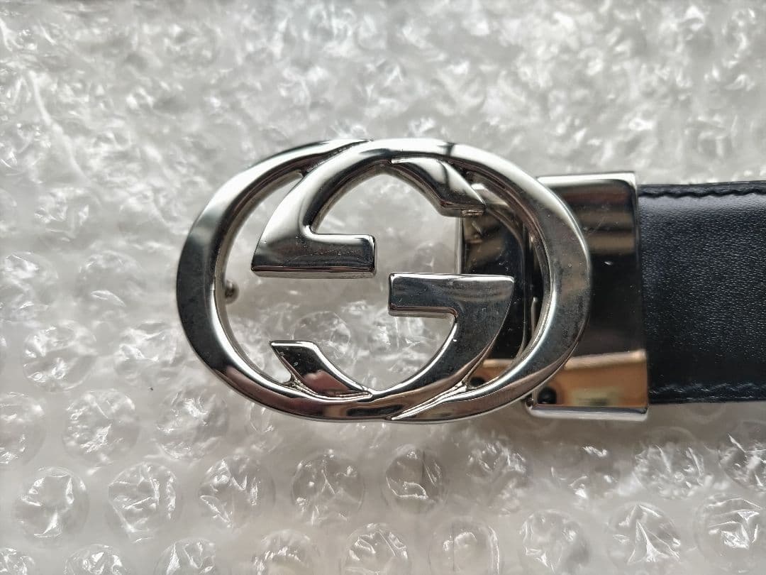 訳あり GUCCI グッチ Ladys ブラックレザー ベルト ダブルGロゴ