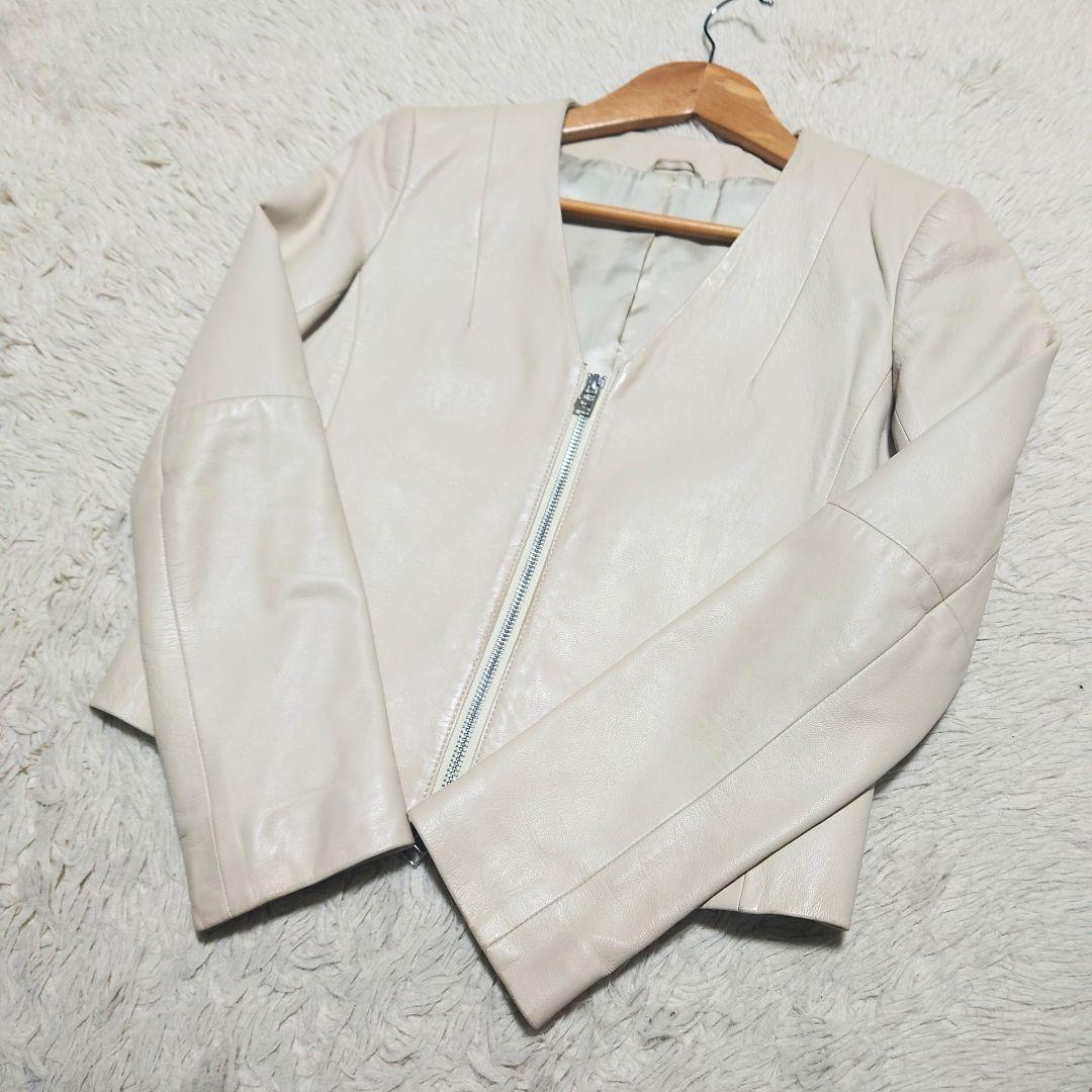 【希少】アナイ ノーカラーレザージャケット 羊革 ダブルジップ グレージュ