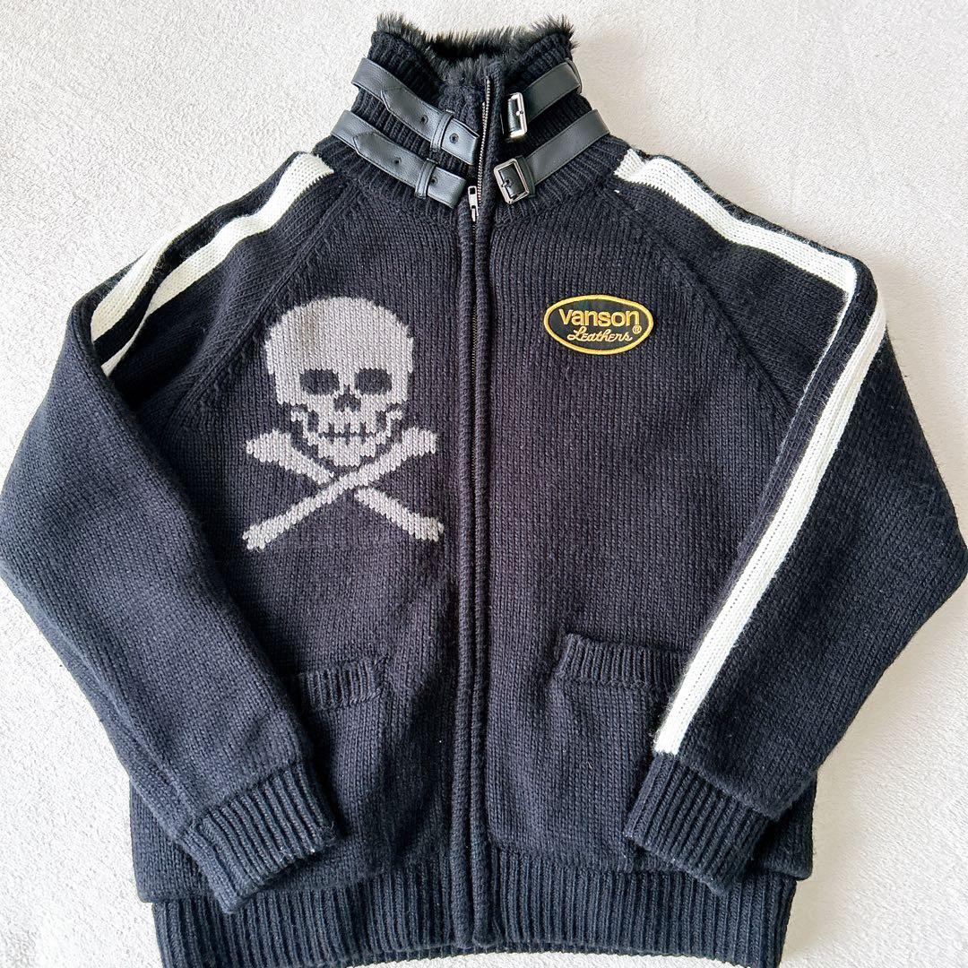 美品【VANSON】バンソン　ニットジャケット　ドクロ　スカイ　黒　メンズ L