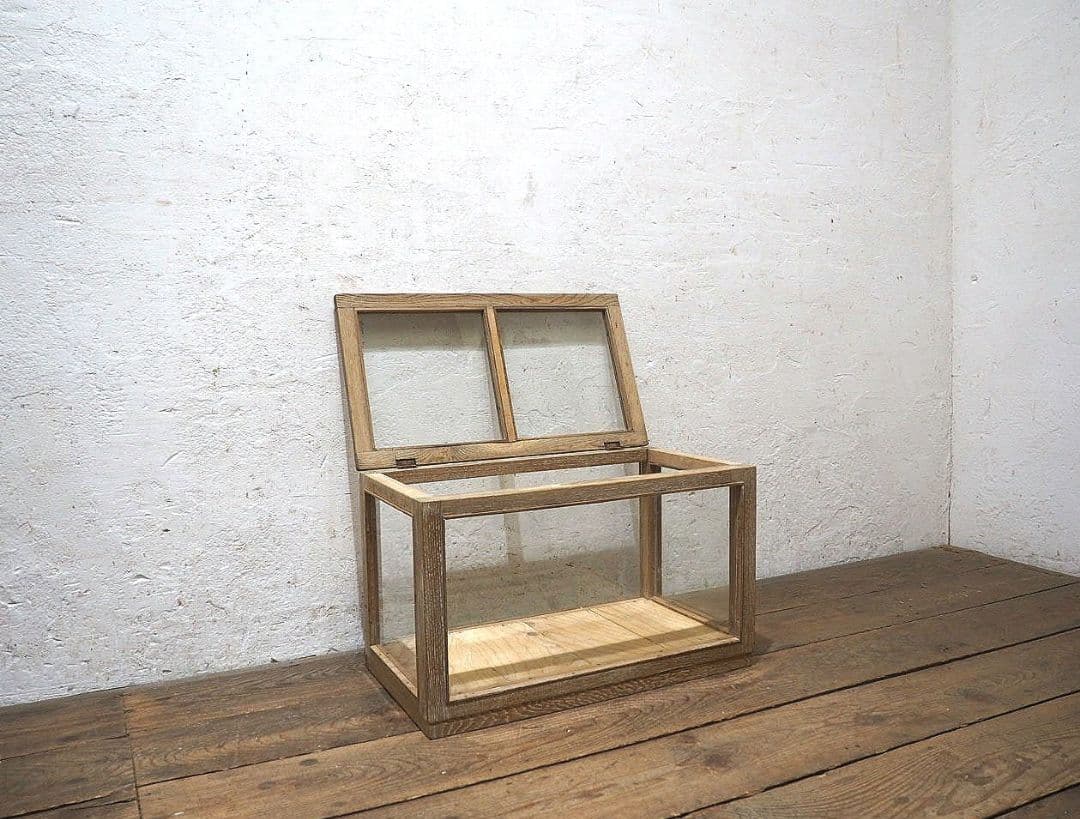 1412　蓋付　ナラ材のガラスケース　飾り棚　古家具　レトロ　アンティーク　小型