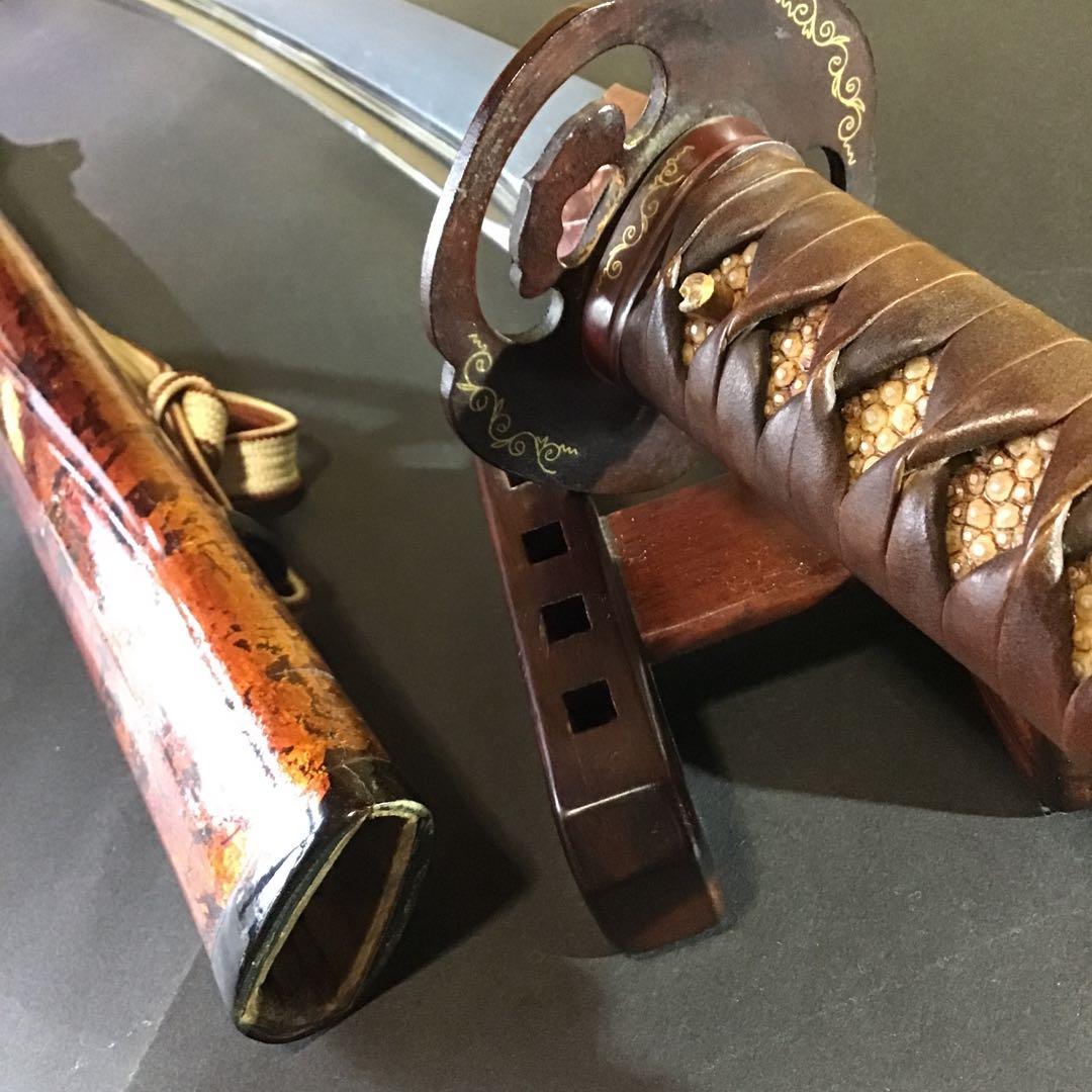 肥後拵　鍔　縁頭　象嵌　革巻柄　目貫勝虫　居合刀