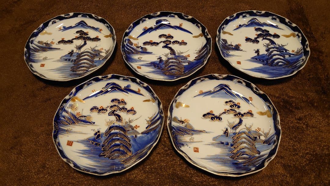 古伊万里　伊万里　中皿　色絵　金襴手　蔵出し　山水　５客