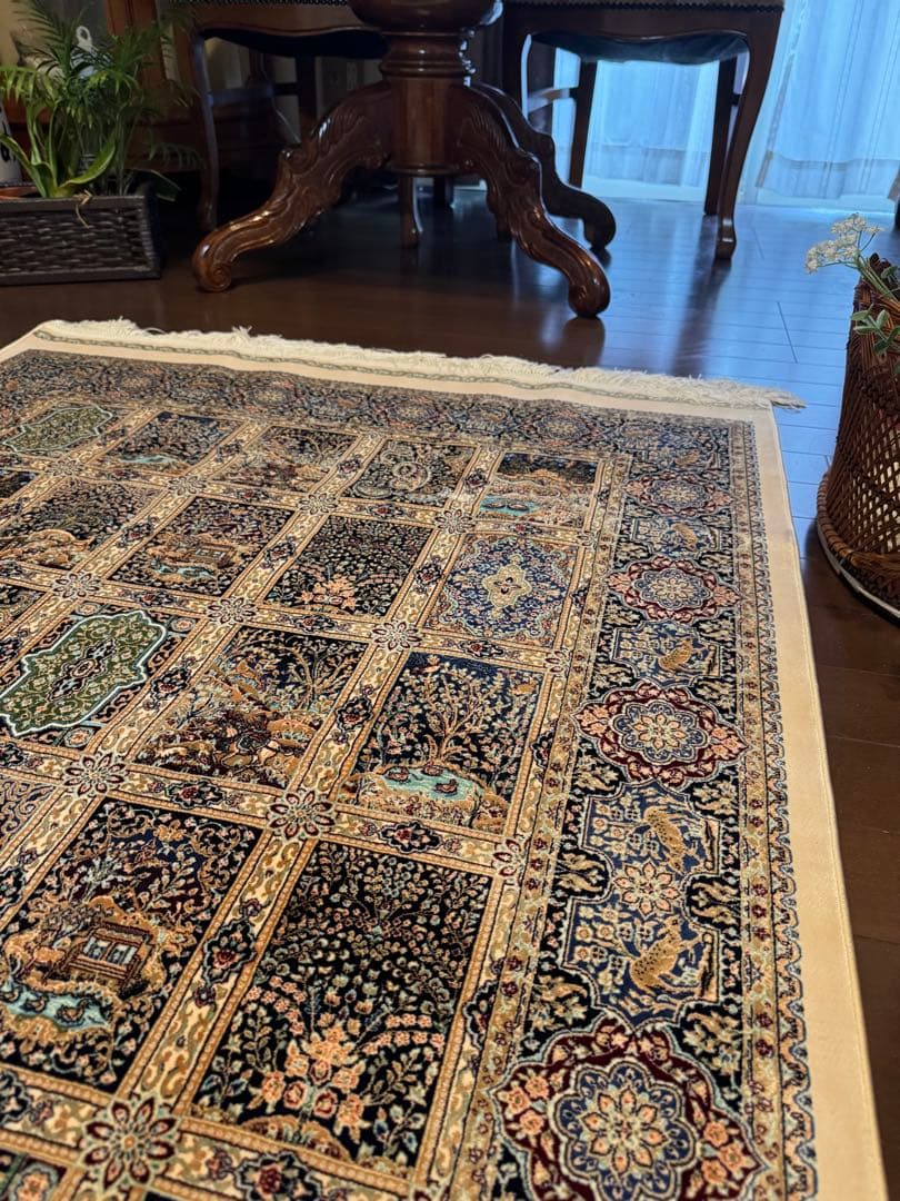 イラン製 ペルシャ絨毯 カシャーン 優雅な艶　高密度 ベージュ×ブルー