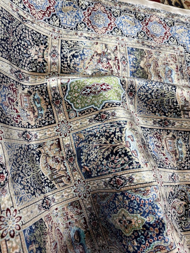 イラン製 ペルシャ絨毯 カシャーン 優雅な艶　高密度 ベージュ×ブルー