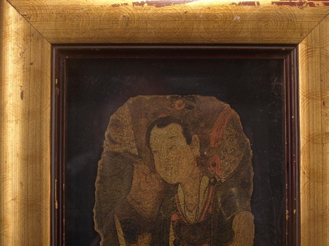 骨董市掘り出し品 中国唐時代　敦煌莫高窟壁画 彩絵　人物像 AK1793A1-3