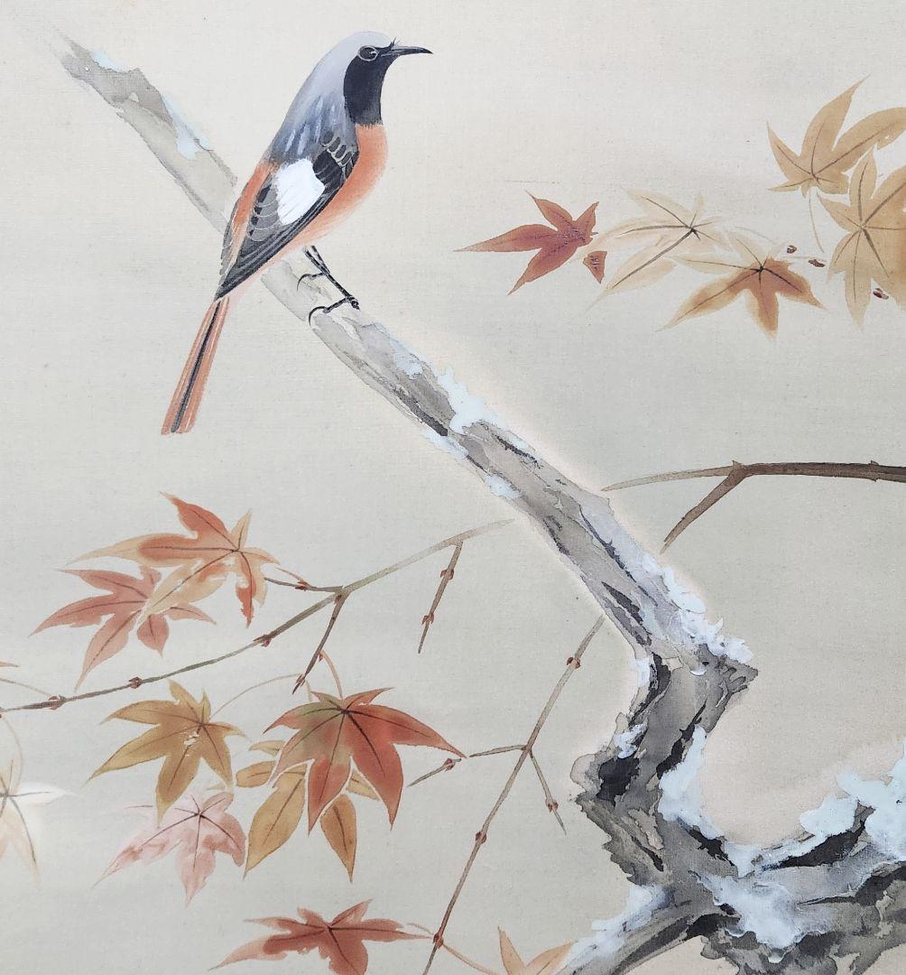 【紅楓小禽図】楢崎鉄香 2681 共箱 掛け軸 肉筆