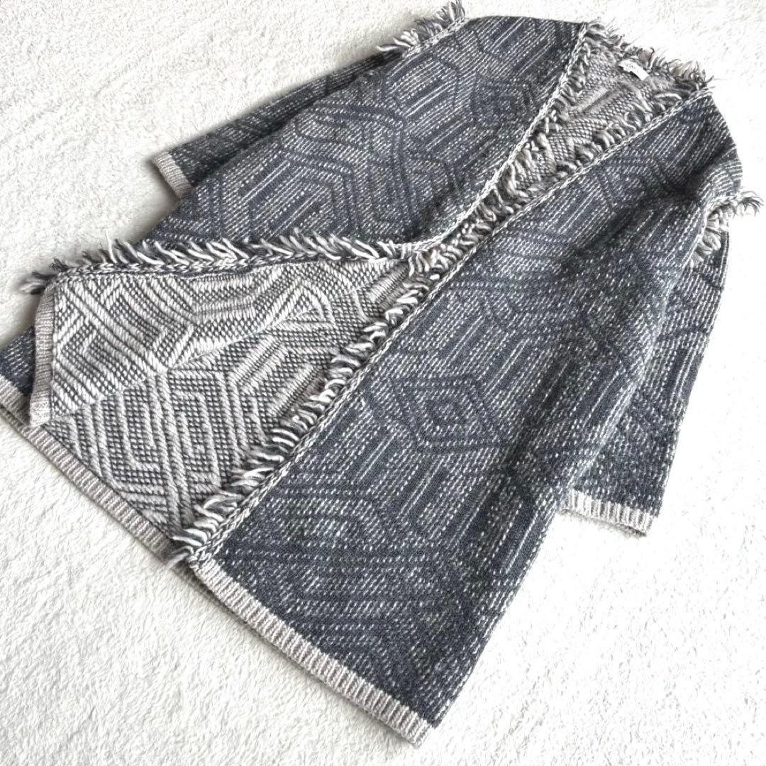 美品 スキャパ SCAPA フリンジ付き幾何学模様 ニットカーディガン 44