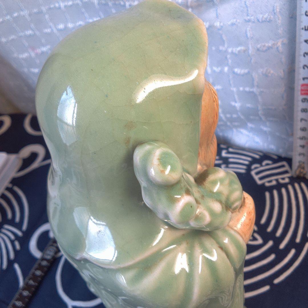 骨董４ 緑色の陶器製老賢者像 約20cm