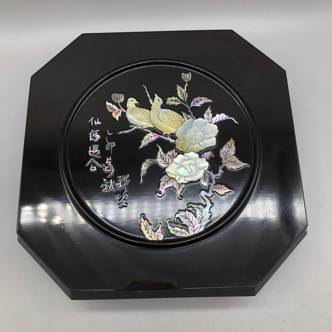 螺鈿細工らでんざいく鳥お花貝殻装飾八角形黒漆器重箱菓子箱23cm伝統工芸品
