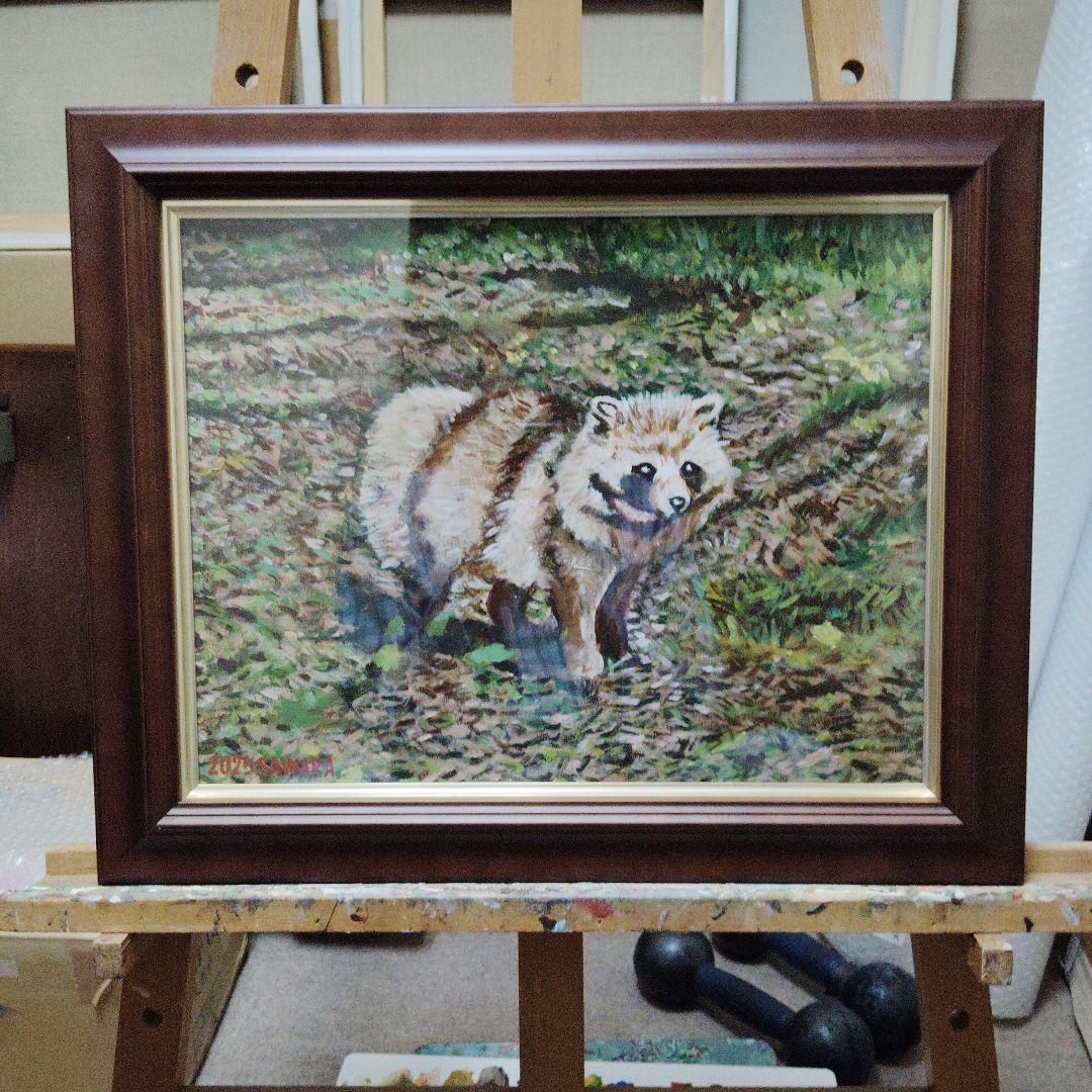 絵画、巌流島のタヌキ、佐原聖春、F6号アクリル画