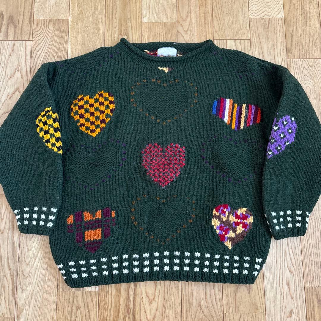 90s エクアドル　ニット　ヴィンテージ　ハート柄　花　バーズアイ
