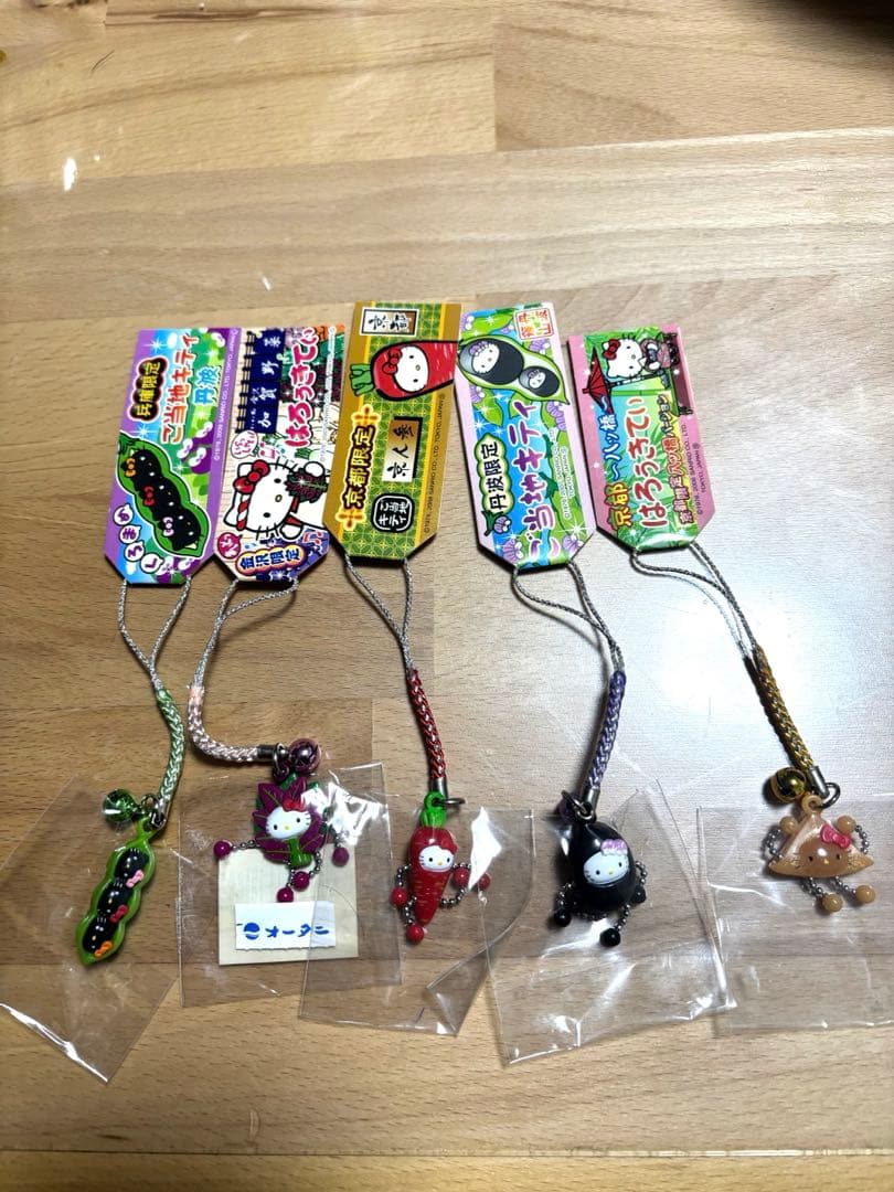 【未使用】ご当地キティ 根付 5点 京都・金沢・丹波 野菜＆京菓子シリーズ