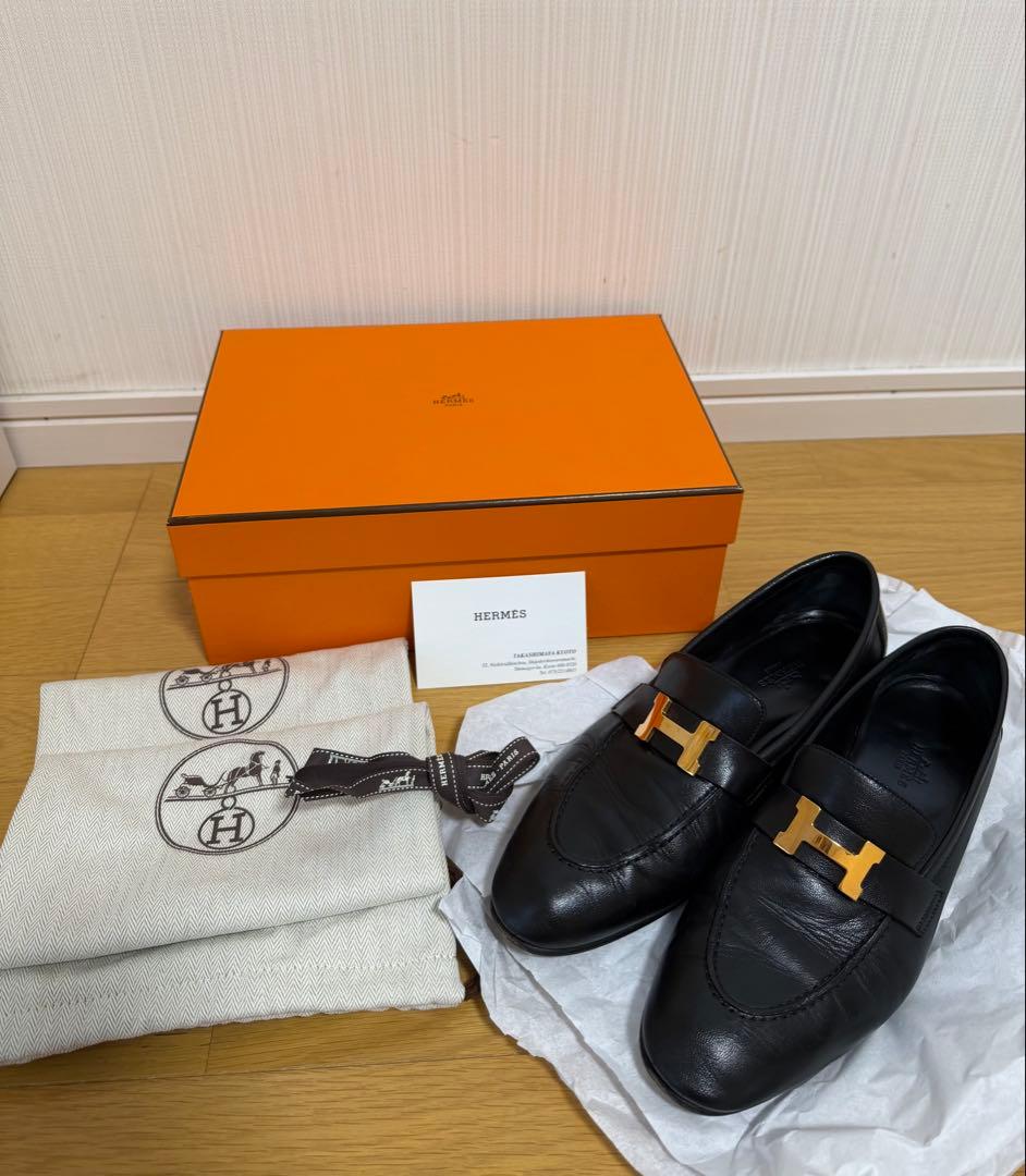 HERMES エルメス モカシンパリ ローズゴールド 金具 黒　39