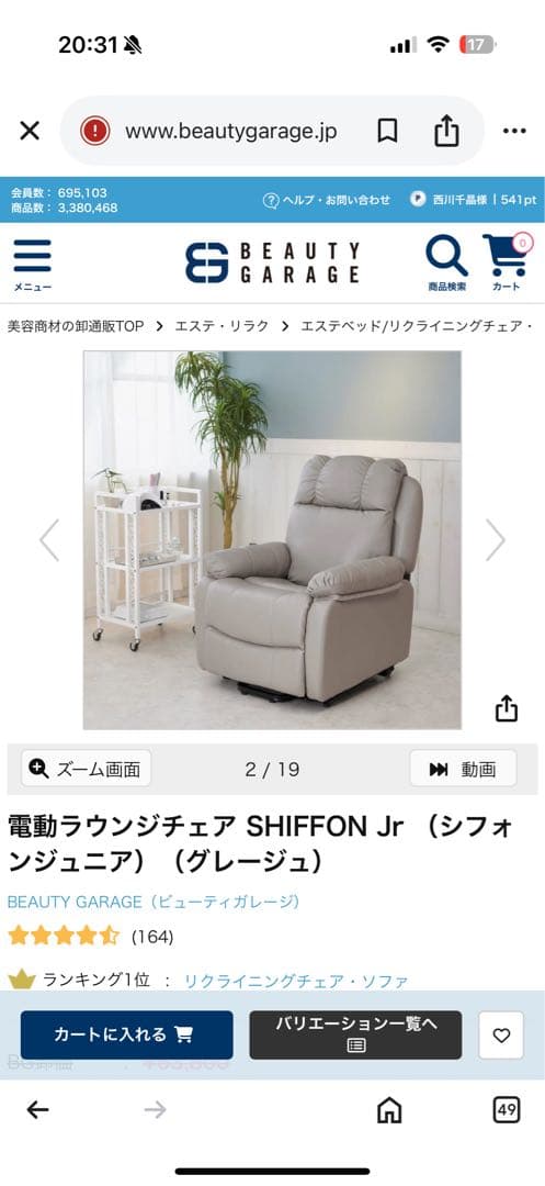 電動リクライニングチェア SHIFFON Jr グレー