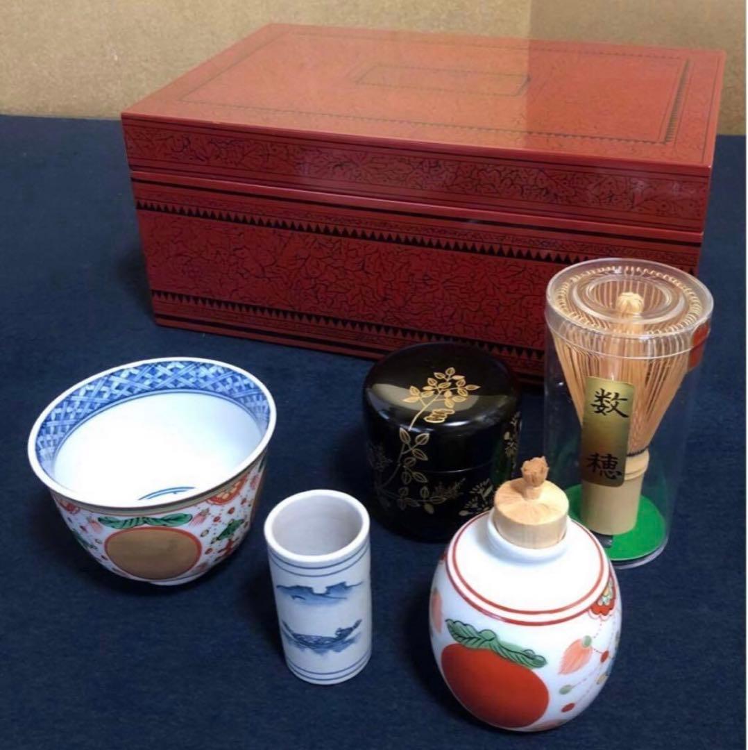 《R》茶道具 蒟醤 茶箱 お茶道具5点付 木製漆器　260202く3