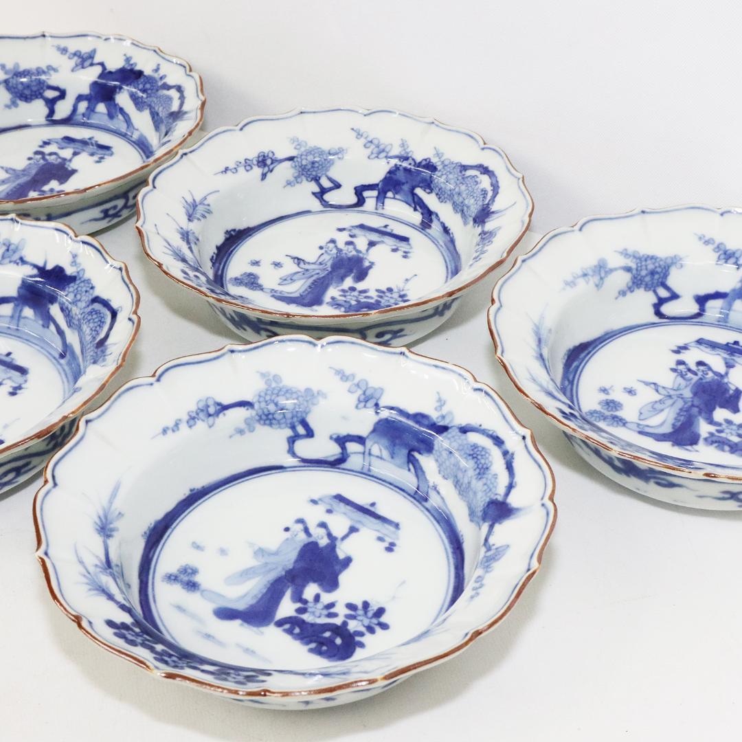 藍模様 輪花膾　古伊万里　角福　5客 賢人図 中皿