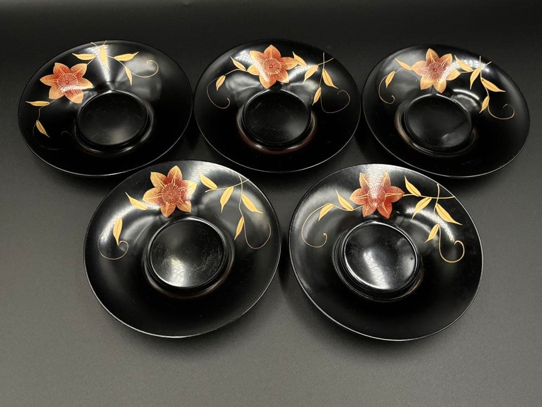 希少　会津塗り　蓋付きお椀5客・茶托５客　セット　漆器　箱付　味噌汁　汁椀