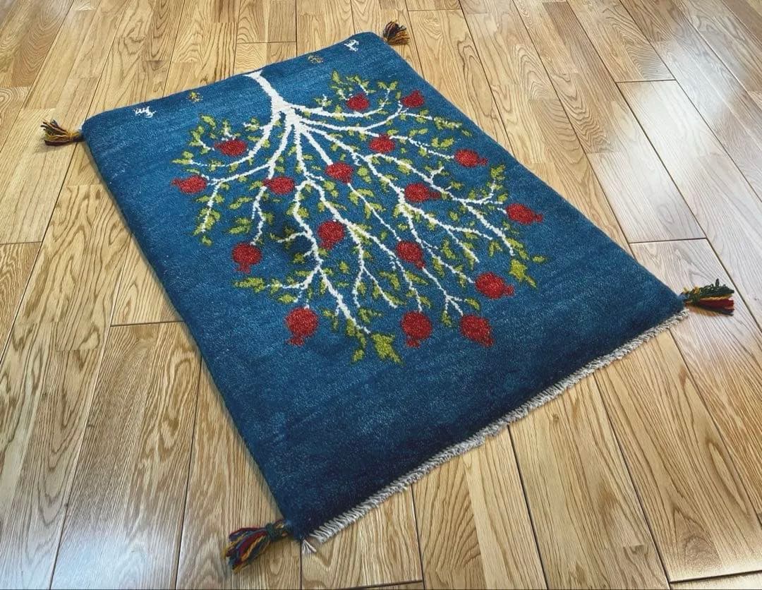 【年末キャンペーン】ペルシャ　ギャッベ 玄関　90×63 藍色　ザクロの木