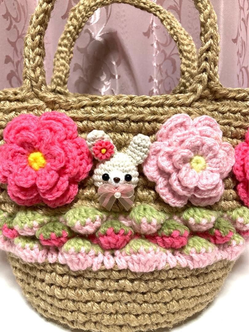 ♥️手編み♥️麻紐バッグ♥️麻紐ニットバッグ♥️いちごバッグ♥️カゴバッグ♥️