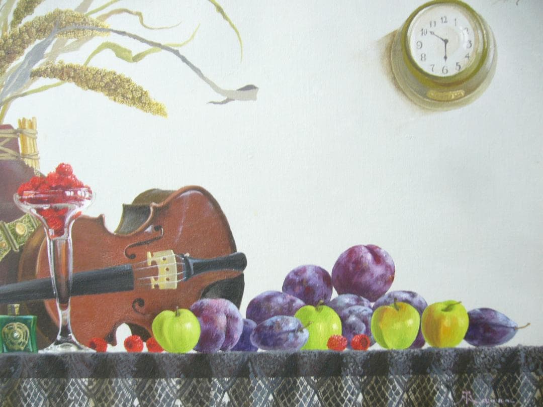 田浦　信勝 絵画 肉筆油絵 静物画 M12 バイオリン テーブルクロス