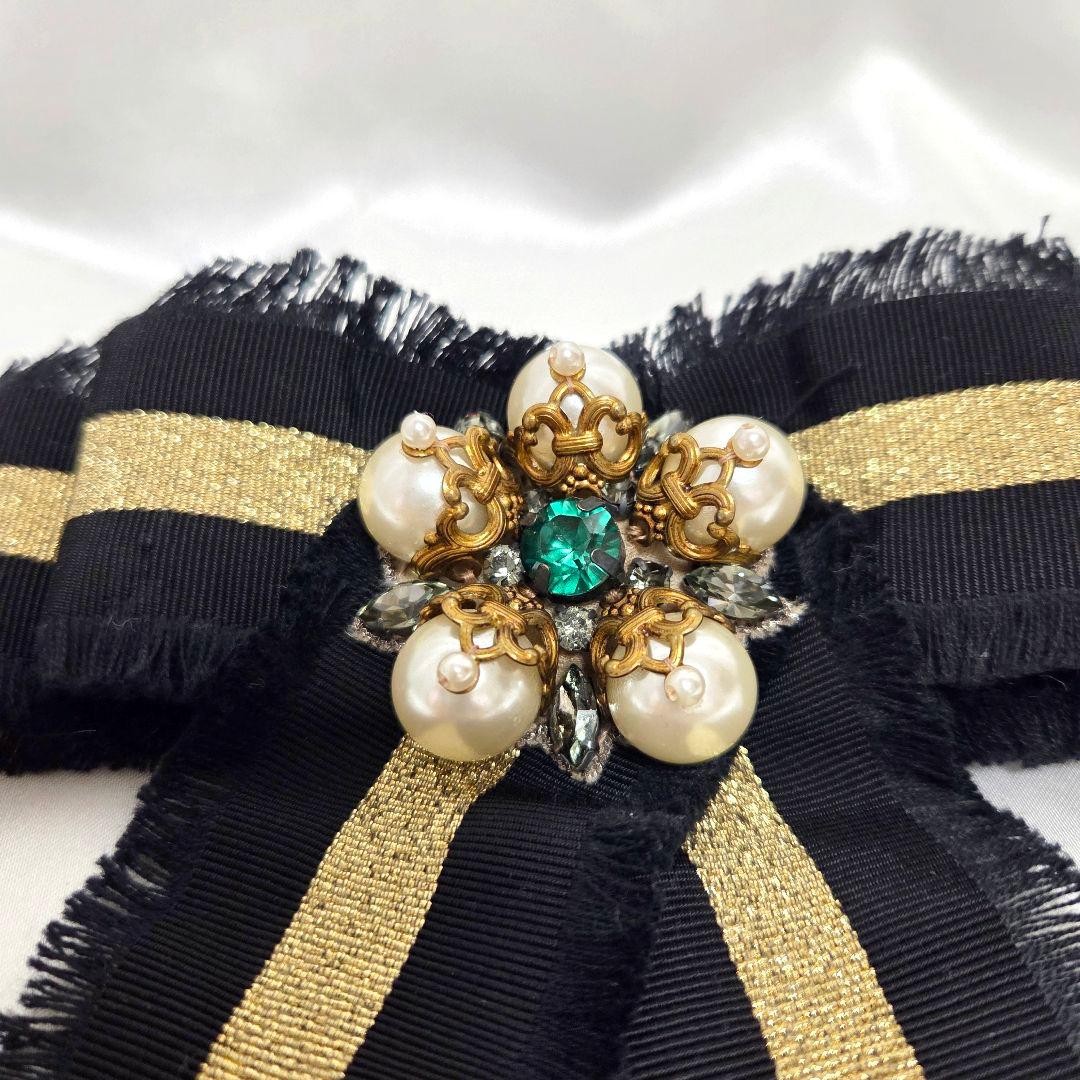 ✨レア GUCCI リボン ブローチ パール ブラック ゴールド