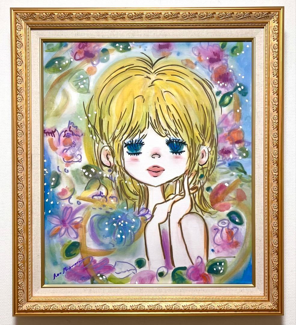 【F10】水森亜土（可愛い女の子）肉筆品/表裏サイン有り/手描き/油絵/絵画/額
