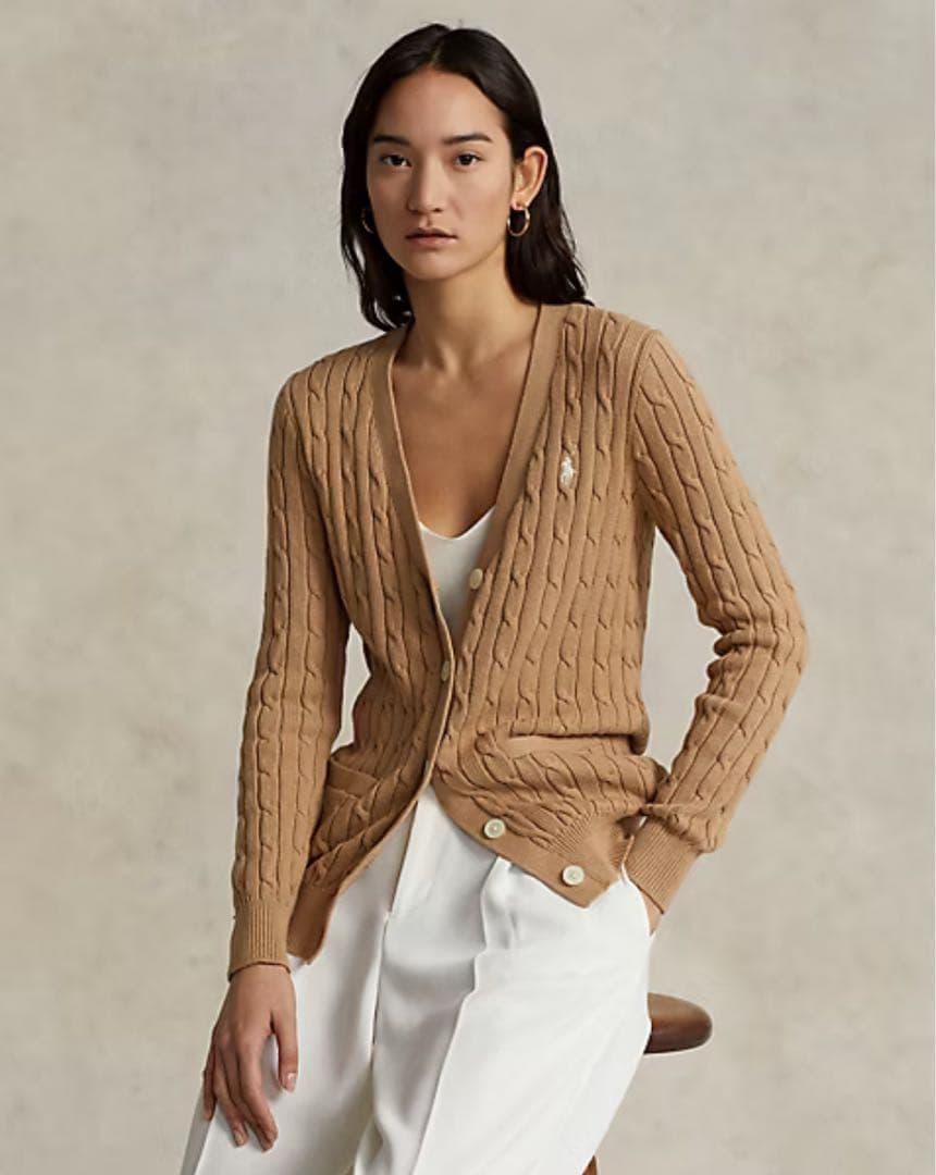 ラルフローレン ケーブルニット カーディガン ベージュ×白ポニー Lサイズ