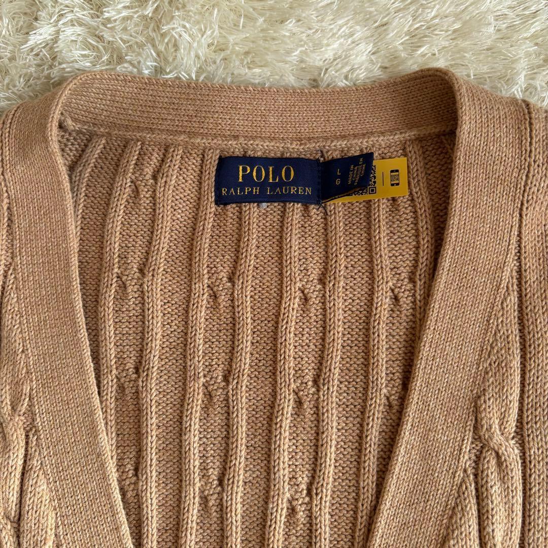 ラルフローレン ケーブルニット カーディガン ベージュ×白ポニー Lサイズ