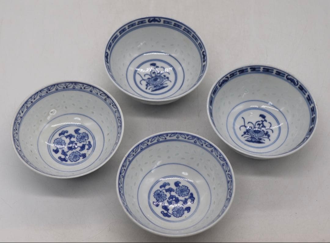 中国　玲瓏器　染付茶碗4点　玩玉　送料込み250425