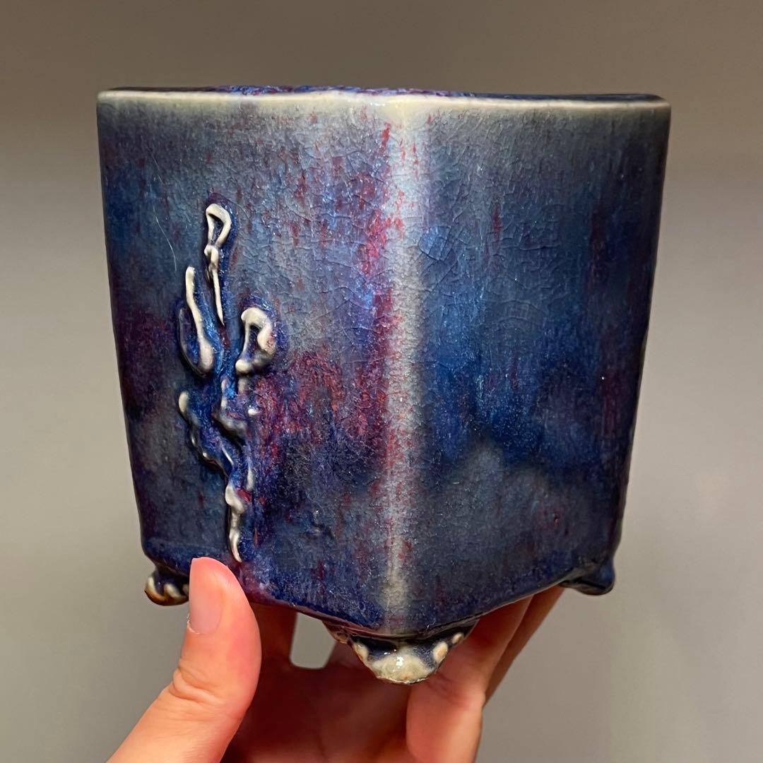 838.平安虹泉 模様紋雲足正方 盆栽鉢 植木鉢 9.8*10.1*11.8cm