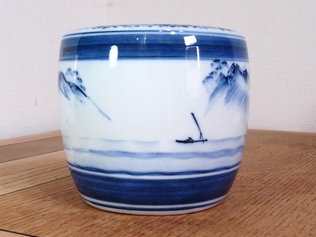 【骨董・美品】染付山水手焙 一対/2個 絵変わり 火鉢/金魚鉢/メダカ鉢 家具