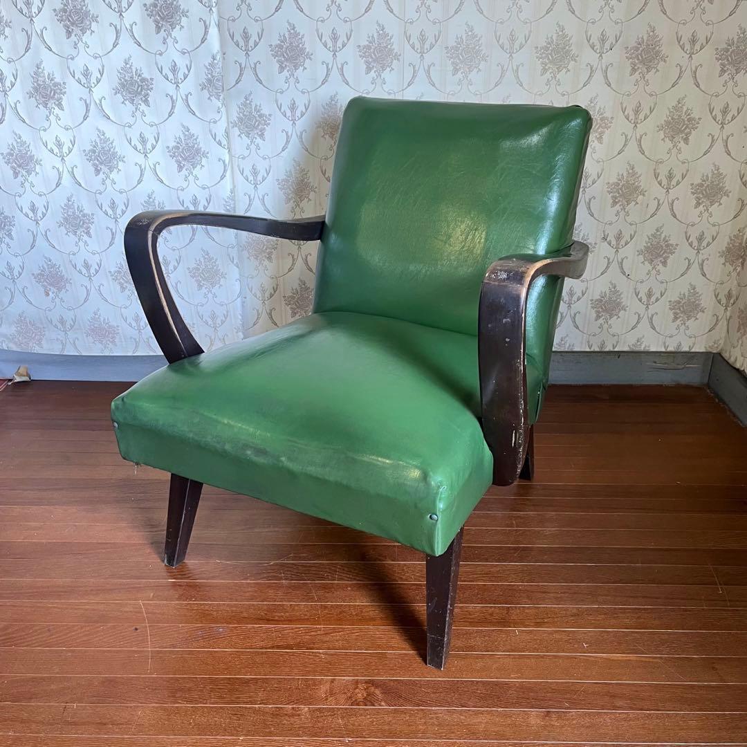 【アンティーク】昭和レトロ レザー アームチェア 一人掛けソファ 椅子 古家具