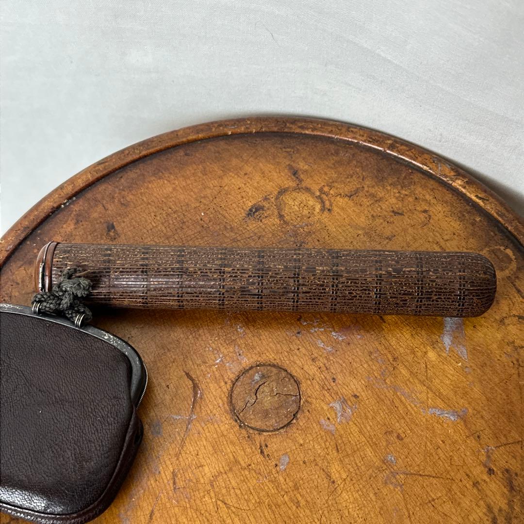 煙管筒 竹細工 相良刺繍 × レザー がま口巾着 骨董 煙草入 古美術