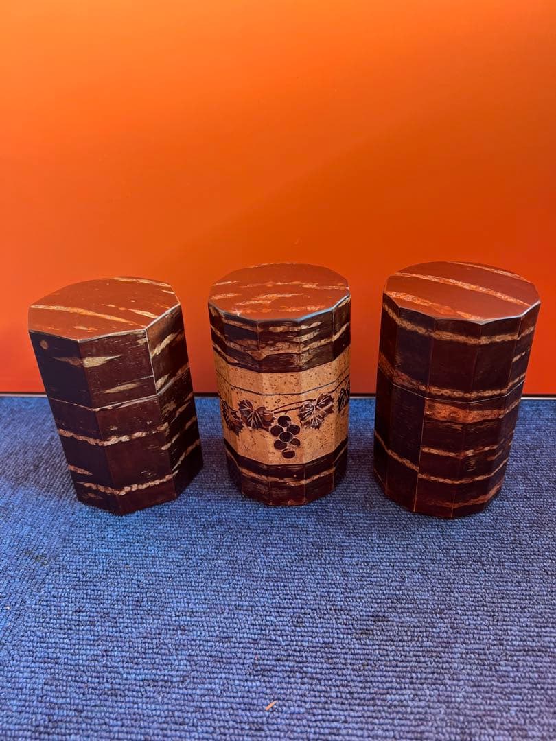 1239 桜皮細工 茶筒 3客　八角　木地　本けやき　未使用
